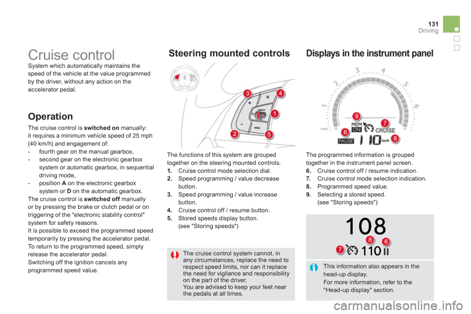 Citroen DS5 2013 1.G Owners Guide 131Driving
  The cruise control system cannot, in any circumstances, replace the need to respect speed limits, nor can it replacethe need for vigilance and responsibility on the par t of the driver.  
