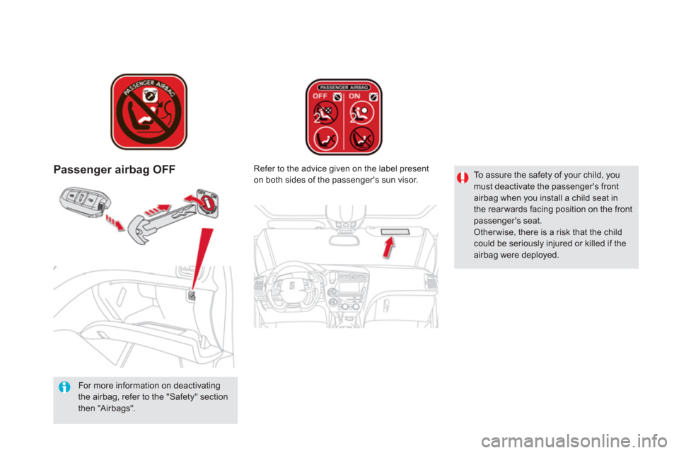 Citroen DS5 2013 1.G Owners Manual Passenger airbag OFF
   
For more information on deactivatingthe airbag, refer to the "Safety" section then "Airbags".   
Re
fer to the advice given on the label present 
on both sides of the passenge