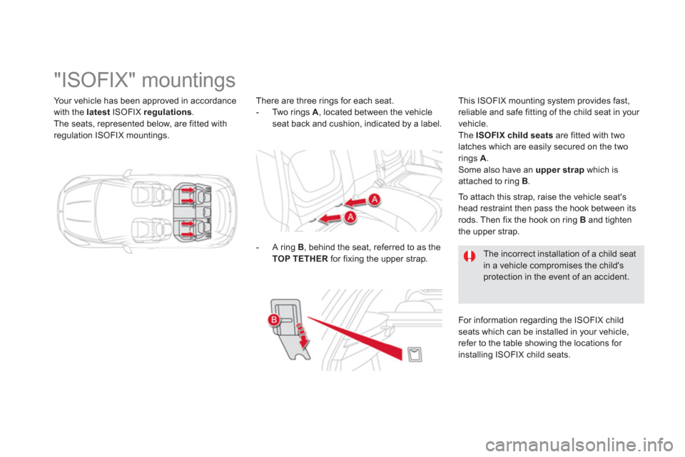 Citroen DS5 2013 1.G Owners Manual Your vehicle has been approved in accordance
with the latest ISOFIX regulations .
The seats, represented below, are fitted with
regulation ISOFIX mountings.
"ISOFIX" Citroen DS5 2013 1.G Owners Manual Your vehicle has been approved in accordance
with the latest ISOFIX regulations .
The seats, represented below, are fitted with
regulation ISOFIX mountings.
"ISOFIX"