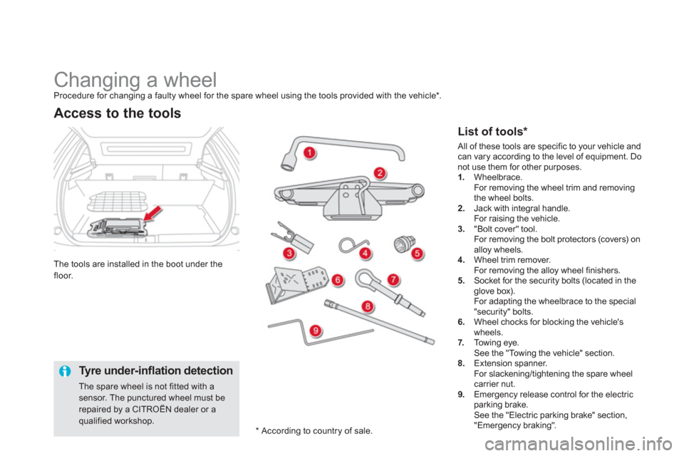 Citroen DS5 2013 1.G Owners Manual    
 
 
 
 
 
 
 
 
 
Changing a wheel Procedure for changing a faulty wheel for the spare wheel using the tools provided with the vehicle * 
.
Th
e tools are installed in the boot under the floor. 
A