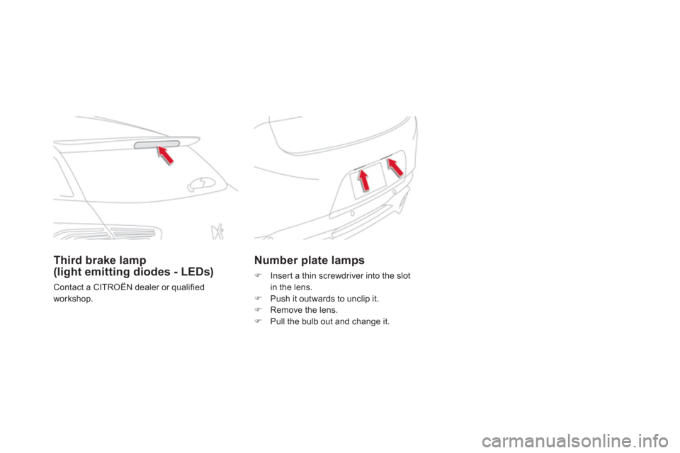 Citroen DS5 2013 1.G Owners Manual Number plate lamps
�)   Insert a thin screwdriver into the slot
in the lens.�)    Push it outwards to unclip it.�) 
 Remove the lens. �) 
 Pull the bulb out and change it.  
 
 
Third brake lamp(light