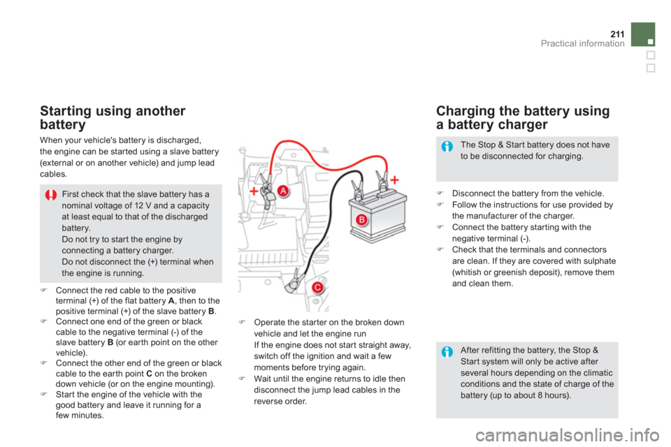 Citroen DS5 2013 1.G Owners Manual 211Practical information
   
After refitting the battery, the Stop &Start system will only be active after several hours depending on the climaticconditions and the state of charge of the battery (up 