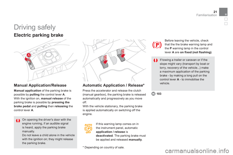 Citroen DS5 2013 1.G Owners Manual 21Familiarisation
   
If this warning lamp comes on in 
the instrument panel, automatic application / release   is 
deactivated. The parking brake must 
be applied and released manually.  
 
 y
Before