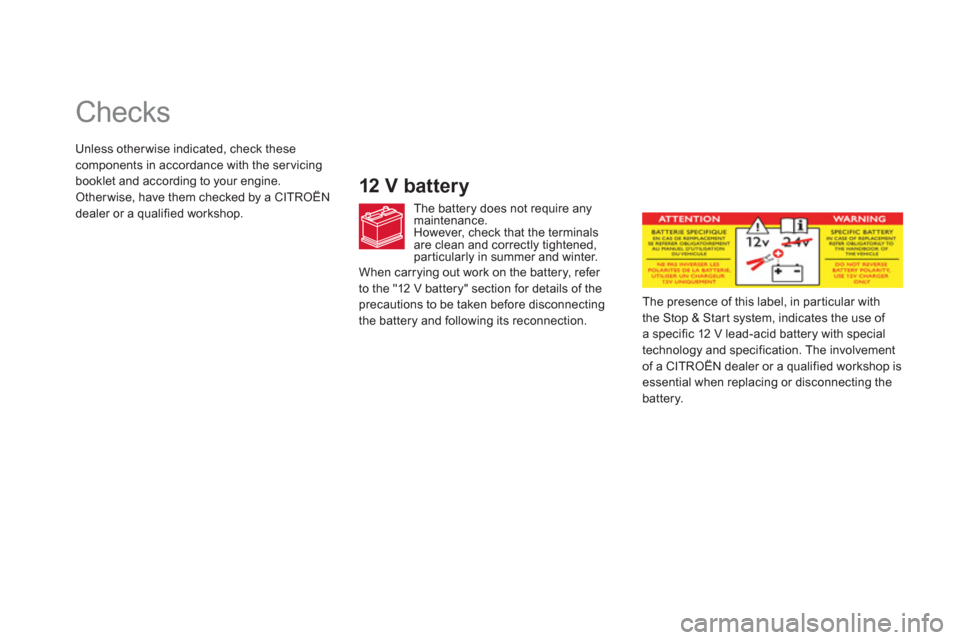 Citroen DS5 2013 1.G Owners Guide    
 
 
 
 
 
Checks  
12 V battery 
The battery does not require any maintenance. 
However, check that the terminals 
are clean and correctly tightened,particularly in summer and winter.
The presence