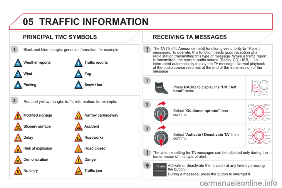 Citroen DS5 2013 1.G Repair Manual 05TRAFFIC INFORMATION
   
 
 
 
 
 
PRINCIPAL TMC SYMBOLS 
 
 
Red and yellow triangle: trafﬁ c information, for example:     
Black and blue trian
gle: general information, for example: 
 
 
 
 
 
