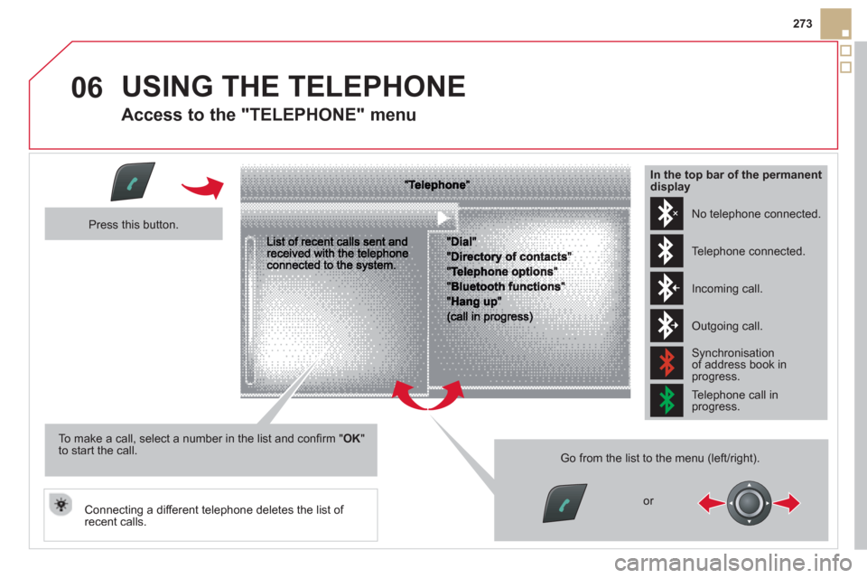 Citroen DS5 2013 1.G Repair Manual 06
273
  USING THE TELEPHONE
 
 
Access to the "TELEPHONE" menu 
 
 Press this button.  
To make a call, select a number in the list and conﬁ rm " OK"to start the call.  
Connecting a different tele