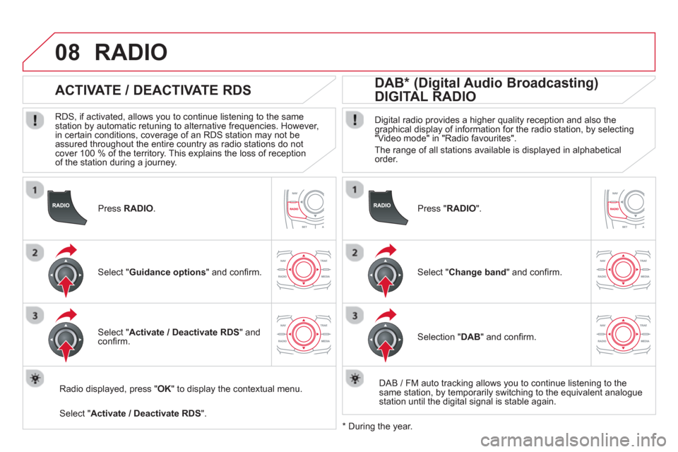 Citroen DS5 2013 1.G Repair Manual 08
   
Press RADIO.
 
 
 
 
 
 
 
ACTIVATE / DEACTIVATE RDS 
 
 
RDS, if activated, allows you to continue listening to the same station by automatic retuning to alternative frequencies. However, 
in 