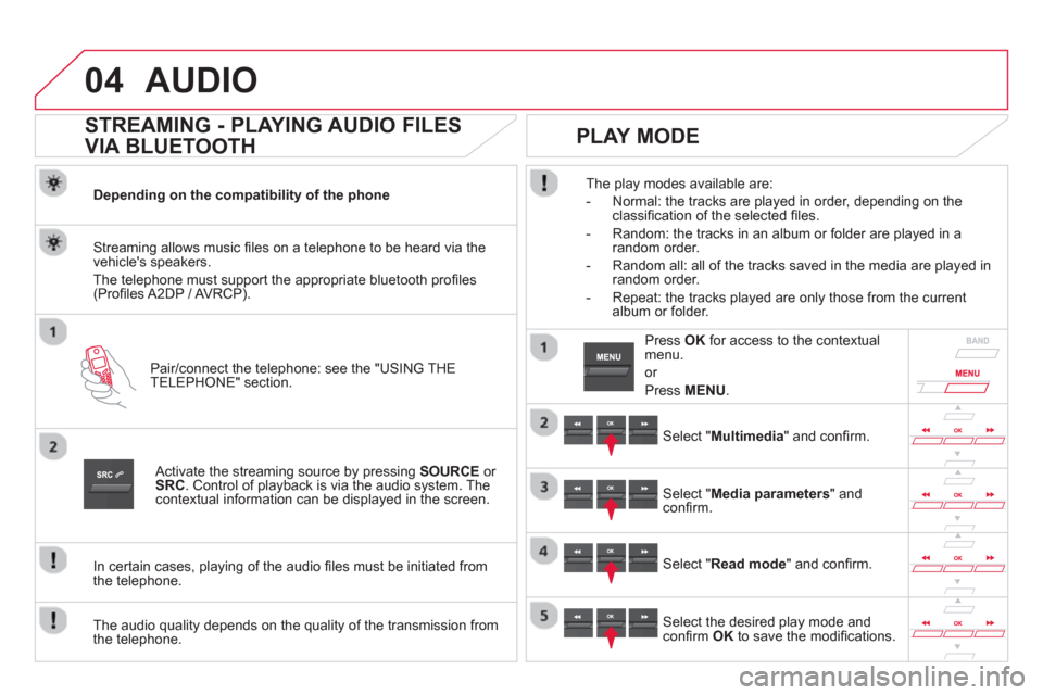 Citroen DS5 2013 1.G User Guide 04AUDIO 
   
 
 
 
 
 
STREAMING - PLAYING AUDIO FILES 
VIA BLUETOOTH 
Depending on the compatibility of the phone  
Pair
/connect the telephone: see the "USING THE
TELEPHONE" section.  
Streaming all