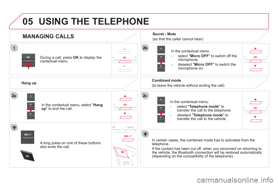 Citroen DS5 2013 1.G Owners Guide  
05
SRC
USING THE TELEPHONE
During a call, press  OK 
 to display the contextual menu.
   
Han
g up
   
In the contextual menu:
   
-  
select "Telephone mode" to 
transfer the call to the telephone.