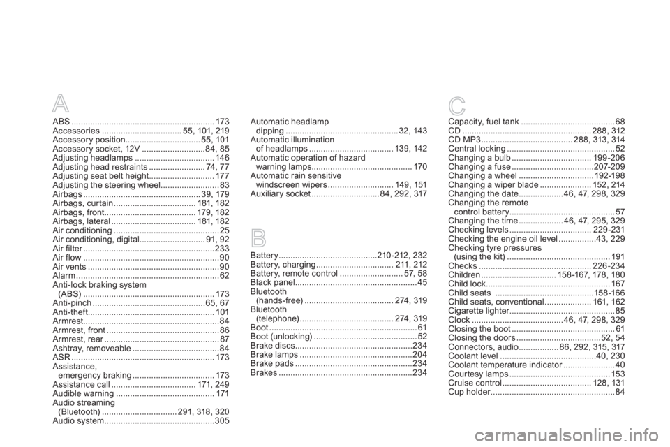 Citroen DS5 2013 1.G Owners Manual A
ABS.............................................................173Accessories ..................................55,101,219Accessory position................................55, 101Accessory socket, 