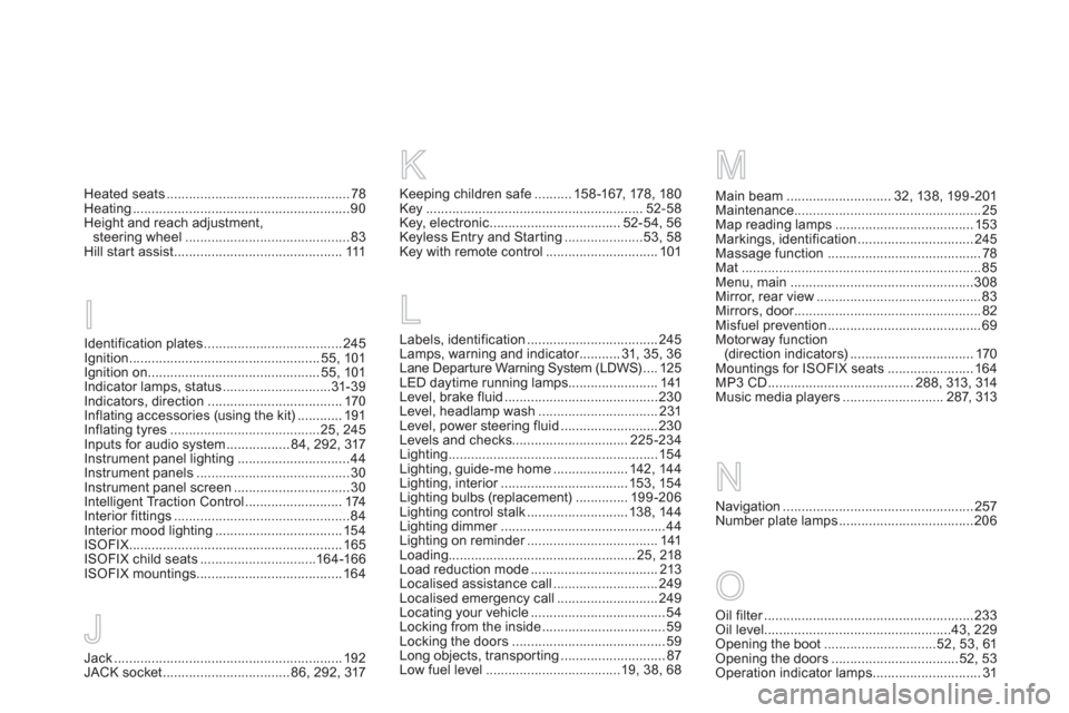 Citroen DS5 2013 1.G Owners Manual Identification plates.....................................245Ignition ...................................................55, 101Ignition on..............................................55, 101Indicato