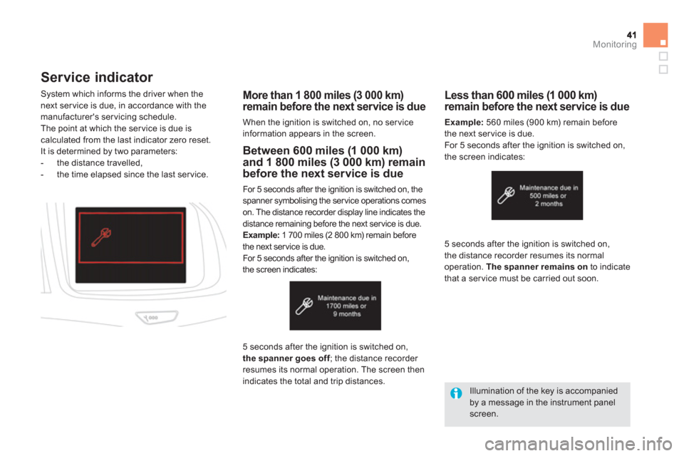 Citroen DS5 2013 1.G Owners Manual Monitoring
Service indicator 
More than 1 800 miles (3 000 km) remain before the next service is due
When the ignition is switched on, no ser vice information appears in the screen.     S
ystem which 