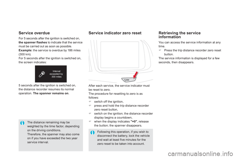 Citroen DS5 2013 1.G Owners Manual Service overdue 
For 5 seconds after the ignition is switched on,
the spanner flashesto indicate that the service must be carried out as soon as possible. Example:the ser vice is overdue by 186 miles(