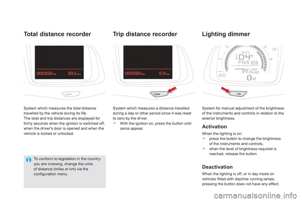 Citroen DS5 2013 1.G Owners Manual  System for manual adjustment of the brightness of the instruments and controls in relation to theexterior brightness. 
Lighting dimmer 
   
Activation 
 
When the lighting is on:
�)press the button t