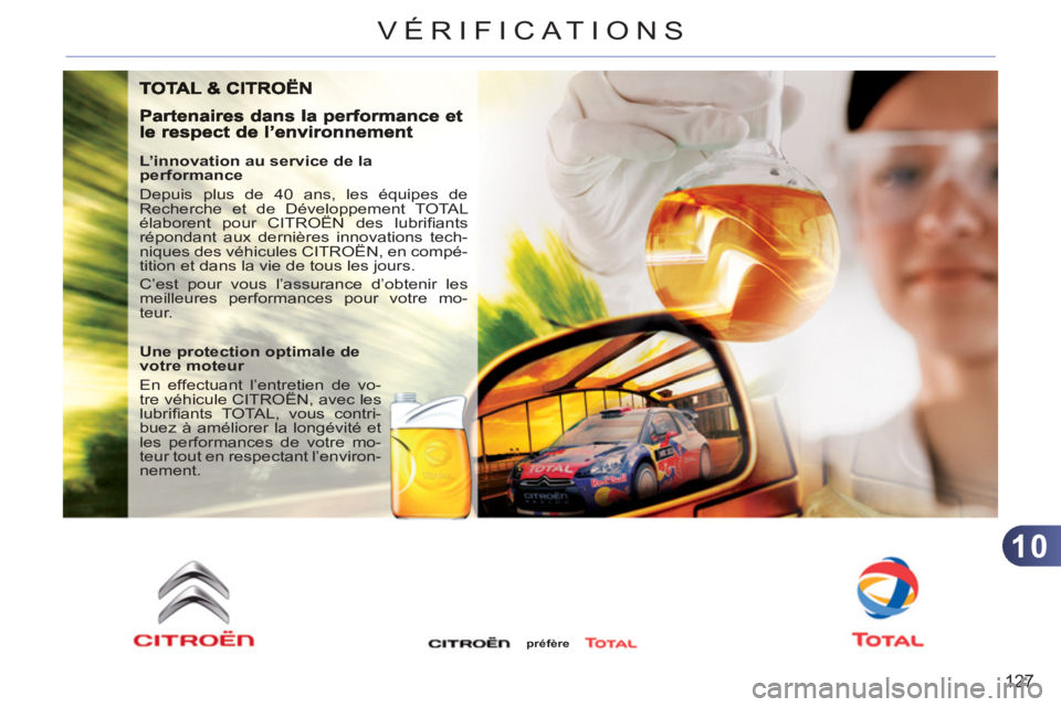 CITROEN C3 PICASSO 2012 Notices Demploi (in French) 10
127
VÉRIFICAT IONS
L’innovation au service de la
performance
Depuis plus de 40 ans, les équipes de
Recherche et de Développement TOTAL
élaborent pour CITROËN des lubrifi ants
ré CITROEN C3 PICASSO 2012 Notices Demploi (in French) 10
127
VÉRIFICAT IONS
L’innovation au service de la
performance
Depuis plus de 40 ans, les équipes de
Recherche et de Développement TOTAL
élaborent pour CITROËN des lubrifi ants
ré