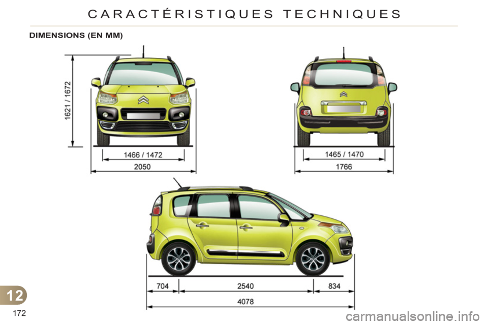 CITROEN C3 PICASSO 2012 Notices Demploi (in French) 12
172
CARACTÉRISTIQUES TECHNIQUES
DIMENSIONS (EN MM) CITROEN C3 PICASSO 2012 Notices Demploi (in French) 12
172
CARACTÉRISTIQUES TECHNIQUES
DIMENSIONS (EN MM)