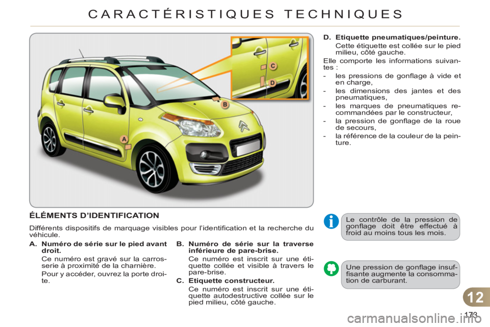 CITROEN C3 PICASSO 2012 Notices Demploi (in French) 12
173
CARACTÉRISTIQUES TECHNIQUES
ÉLÉMENTS D’IDENTIFICATION
Différents dispositifs de marquage visibles pour l’identifi cation et la recherche du
véhicule.
Une pression de gonfl ag CITROEN C3 PICASSO 2012 Notices Demploi (in French) 12
173
CARACTÉRISTIQUES TECHNIQUES
ÉLÉMENTS D’IDENTIFICATION
Différents dispositifs de marquage visibles pour l’identifi cation et la recherche du
véhicule.
Une pression de gonfl ag