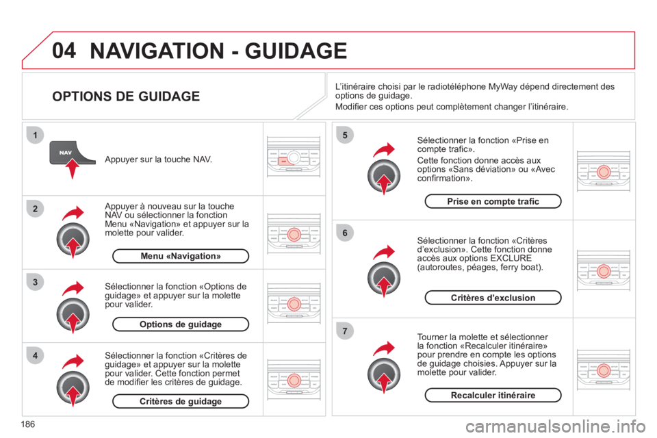 CITROEN C3 PICASSO 2012 Notices Demploi (in French) 186
04
4
3
2
1
7
6
5
NAVIGATION - GUIDAGE
OPTIONS DE GUIDAGE
Sélectionner la fonction «Prise en compte trafi cª.
Cette fonction donne accËs aux
options ´Sans dÈviationª ou ´Aveccon CITROEN C3 PICASSO 2012 Notices Demploi (in French) 186
04
4
3
2
1
7
6
5
NAVIGATION - GUIDAGE
OPTIONS DE GUIDAGE
Sélectionner la fonction «Prise en compte trafi cª.
Cette fonction donne accËs aux
options ´Sans dÈviationª ou ´Aveccon
