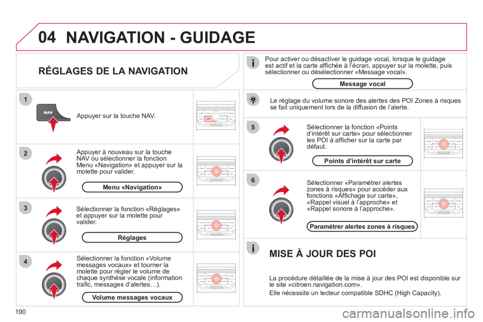 CITROEN C3 PICASSO 2012 Notices Demploi (in French) 190
04
5
6
3 2 1
4
RÉGLAGES DE LA NAVIGATION
Sélectionner «Paramétrer alerteszones à risques» pour accéder aux fonctions «Affi chage sur carteª,
´Rappel visuel ‡ líapprocheª et
CITROEN C3 PICASSO 2012 Notices Demploi (in French) 190
04
5
6
3 2 1
4
RÉGLAGES DE LA NAVIGATION
Sélectionner «Paramétrer alerteszones à risques» pour accéder aux fonctions «Affi chage sur carteª,
´Rappel visuel ‡ líapprocheª et