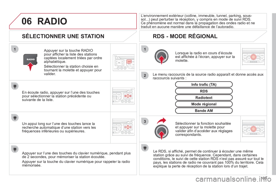 CITROEN C3 PICASSO 2012 Notices Demploi (in French) 193
06
3 2 1 1
SÉLECTIONNER UNE STATION
Lorsque la radio en cours d’écouteest affi chée à l’écran, appuyer sur la molette.
Le menu raccourcis de la source radio appa CITROEN C3 PICASSO 2012 Notices Demploi (in French) 193
06
3 2 1 1
SÉLECTIONNER UNE STATION
Lorsque la radio en cours d’écouteest affi chée à l’écran, appuyer sur la molette.
Le menu raccourcis de la source radio appa