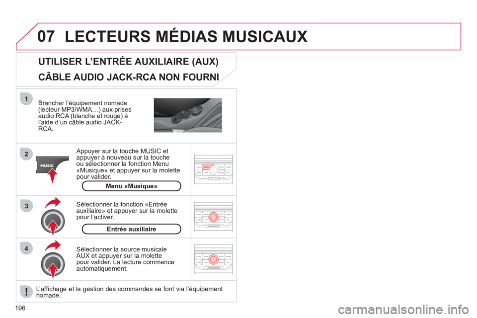 CITROEN C3 PICASSO 2012 Notices Demploi (in French) 196
07
43 1
2
LECTEURS MÉDIAS MUSICAUX
Brancher l’équipement nomade (lecteur MP3/WMA…) aux prises
audio RCA (blanche et rouge) à
l’aide d’un câble audio JACK-
RCA.
Appuyer sur l CITROEN C3 PICASSO 2012 Notices Demploi (in French) 196
07
43 1
2
LECTEURS MÉDIAS MUSICAUX
Brancher l’équipement nomade (lecteur MP3/WMA…) aux prises
audio RCA (blanche et rouge) à
l’aide d’un câble audio JACK-
RCA.
Appuyer sur l