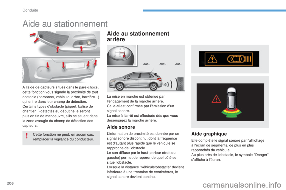 CITROEN C4 2015 Notices Demploi (in French) 206
Aide au stationnement
La mise en marche est obtenue par
l'engagement de la marche arrière.
Celle-ci est confirmée par l'émission d'un
signal sonore.
La mise à l'arrêt est ef CITROEN C4 2015 Notices Demploi (in French) 206
Aide au stationnement
La mise en marche est obtenue par
l'engagement de la marche arrière.
Celle-ci est confirmée par l'émission d'un
signal sonore.
La mise à l'arrêt est ef