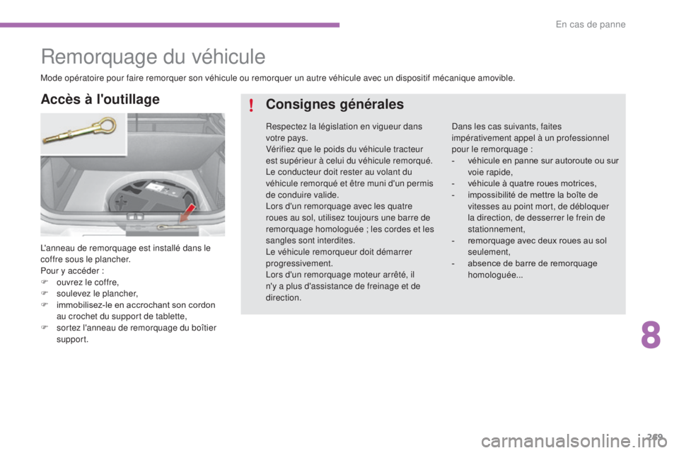 CITROEN C4 2015 Notices Demploi (in French) 269
Remorquage du véhicule
L'anneau de remorquage est installé dans le
coffre sous le plancher.
Pour y accéder :
F
o
uvrez le coffre,
F
so
ulevez le plancher,
F
i
mmobilisez-le en ac CITROEN C4 2015 Notices Demploi (in French) 269
Remorquage du véhicule
L'anneau de remorquage est installé dans le
coffre sous le plancher.
Pour y accéder :
F
o
uvrez le coffre,
F
so
ulevez le plancher,
F
i
mmobilisez-le en ac