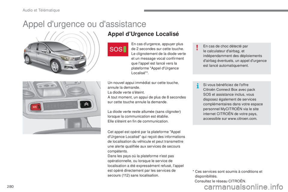 CITROEN C4 2015 Notices Demploi (in French) 280
Appel d'urgence ou d'assistance
Appel d'Urgence Localisé
En cas d'urgence, appuyer plus
de 2 secondes sur cette touche.
Le clignotement de la diode verte
et un message vocal con CITROEN C4 2015 Notices Demploi (in French) 280
Appel d'urgence ou d'assistance
Appel d'Urgence Localisé
En cas d'urgence, appuyer plus
de 2 secondes sur cette touche.
Le clignotement de la diode verte
et un message vocal con
