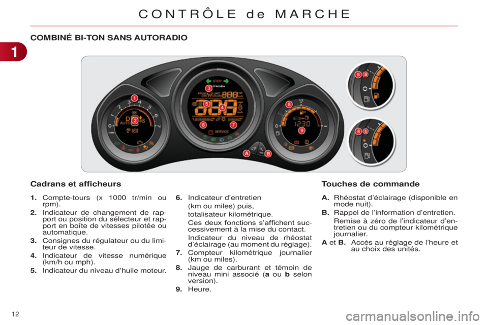 CITROEN C4 2014 Notices Demploi (in French) 12
COMBINÉ BI-TON SANS AUTORADIO
Cadrans et afficheurs
1. Compte-tours (x 1000 tr/min ou
rpm).
2.
i ndicateur de changement de rap-
port ou position du sélecteur et rap-
port en boîte de vitess CITROEN C4 2014 Notices Demploi (in French) 12
COMBINÉ BI-TON SANS AUTORADIO
Cadrans et afficheurs
1. Compte-tours (x 1000 tr/min ou
rpm).
2.
i ndicateur de changement de rap-
port ou position du sélecteur et rap-
port en boîte de vitess