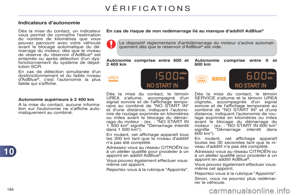 CITROEN C4 2014 Notices Demploi (in French) 1010
184
Indicateurs d'autonomie
dès la mise du contact, un indicateur
vous permet de connaître l'estimation
du nombre de kilomètres que vous
pouvez parcourir avec votre véhicule
ava CITROEN C4 2014 Notices Demploi (in French) 1010
184
Indicateurs d'autonomie
dès la mise du contact, un indicateur
vous permet de connaître l'estimation
du nombre de kilomètres que vous
pouvez parcourir avec votre véhicule
ava