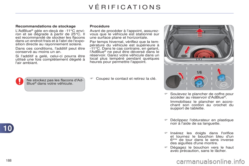 CITROEN C4 2014 Notices Demploi (in French) 1010
188
Recommandations de stockage
l
' a dBlue® gèle en-deçà de -11°C envi-
ron et se dégrade à partir de 25°C. i l
est recommandé de stocker les flacons
dans un endroit frais et à CITROEN C4 2014 Notices Demploi (in French) 1010
188
Recommandations de stockage
l
' a dBlue® gèle en-deçà de -11°C envi-
ron et se dégrade à partir de 25°C. i l
est recommandé de stocker les flacons
dans un endroit frais et Ã