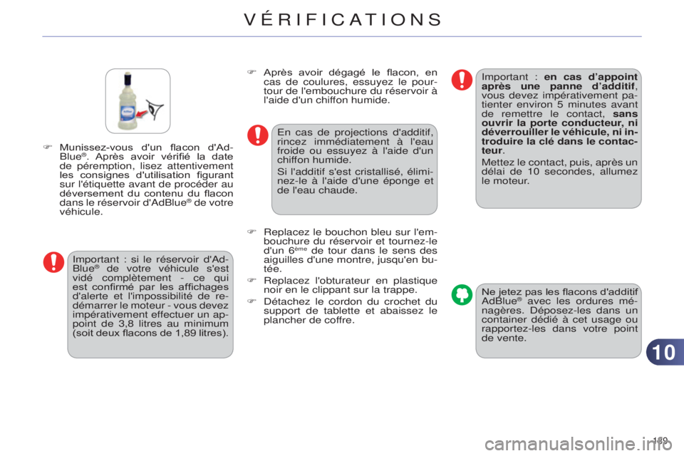 CITROEN C4 2014 Notices Demploi (in French) 1010
189
F Munissez-vous d'un flacon d'Ad-
Blue®. Après avoir vérifié la date
de péremption, lisez attentivement
les consignes d'utilisation figurant
sur l'étiquett CITROEN C4 2014 Notices Demploi (in French) 1010
189
F Munissez-vous d'un flacon d'Ad-
Blue®. Après avoir vérifié la date
de péremption, lisez attentivement
les consignes d'utilisation figurant
sur l'étiquett