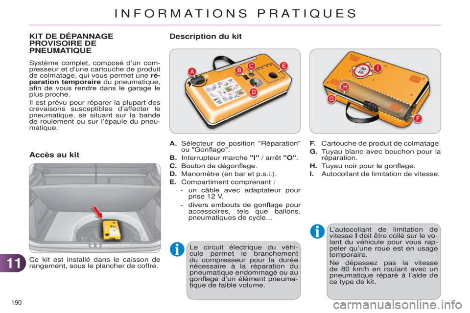 CITROEN C4 2014 Notices Demploi (in French) 1111
190
KIT DE DÉPANNAGE PROVISOIRE DE
PNEUMA
TIQUE
Accès au kit
l’autocollant de limitation de
vitesse I doit être collé sur le vo-
lant du véhicule pour vous rap-
peler qu’une roue CITROEN C4 2014 Notices Demploi (in French) 1111
190
KIT DE DÉPANNAGE PROVISOIRE DE
PNEUMA
TIQUE
Accès au kit
l’autocollant de limitation de
vitesse I doit être collé sur le vo-
lant du véhicule pour vous rap-
peler qu’une roue