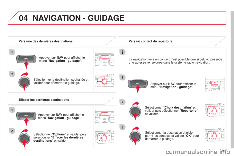 CITROEN C4 2014  Notices Demploi (in French) 04
245
Vers une des dernières destinations
a

ppuyer sur N AV
 pour afficher le 
menu "Navigation - guidage ".
s

électionner la destination souhaitée et 
valider pour démarrer le guidage.