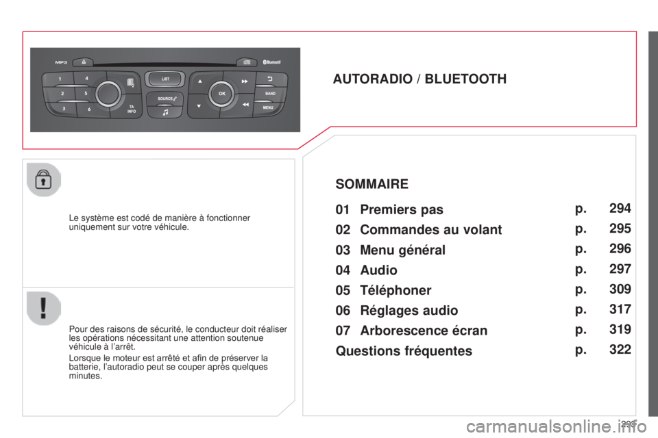 CITROEN C4 2014 Notices Demploi (in French) 293
l
e système est codé de manière à fonctionner
uniquement sur votre véhicule.
AUTORADIO / BLUETOOTH
Pour des raisons de sécurité, le conducteur doit réaliser
les opérations nécessitant CITROEN C4 2014 Notices Demploi (in French) 293
l
e système est codé de manière à fonctionner
uniquement sur votre véhicule.
AUTORADIO / BLUETOOTH
Pour des raisons de sécurité, le conducteur doit réaliser
les opérations nécessitant