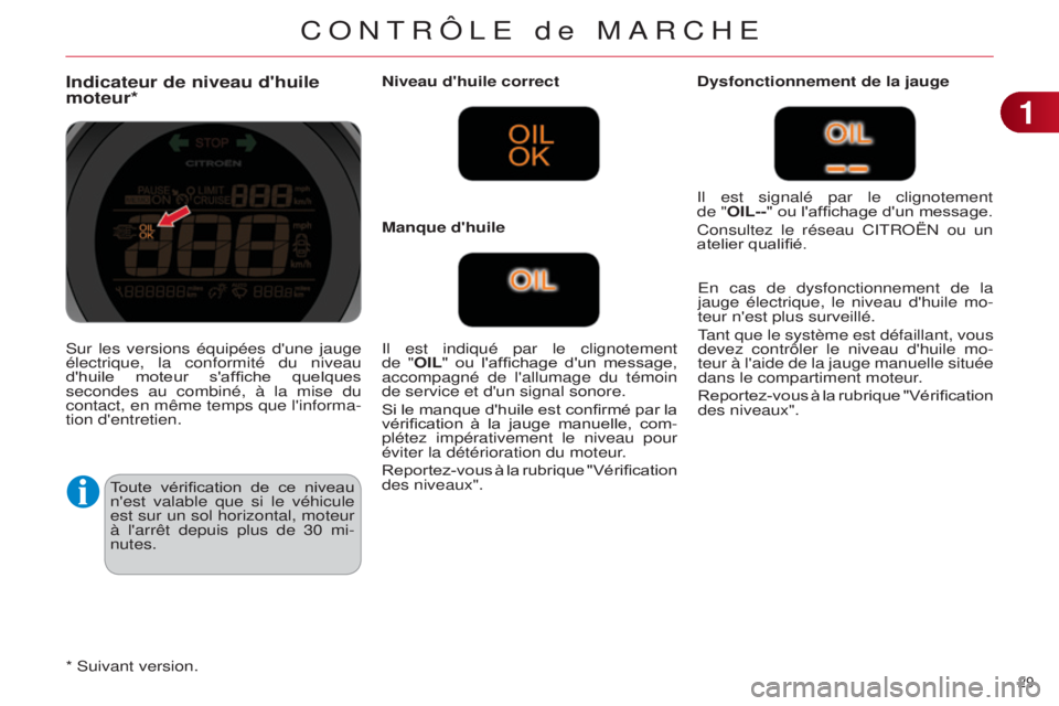 CITROEN C4 2014  Notices Demploi (in French) 29 
Indicateur de niveau d'huile 
moteur*
Toute  vérification  de  ce  niveau 
n'est valable que si le véhicule 
est sur un sol horizontal, moteur 
à l'arrêt depuis plus de 30  mi-
nut