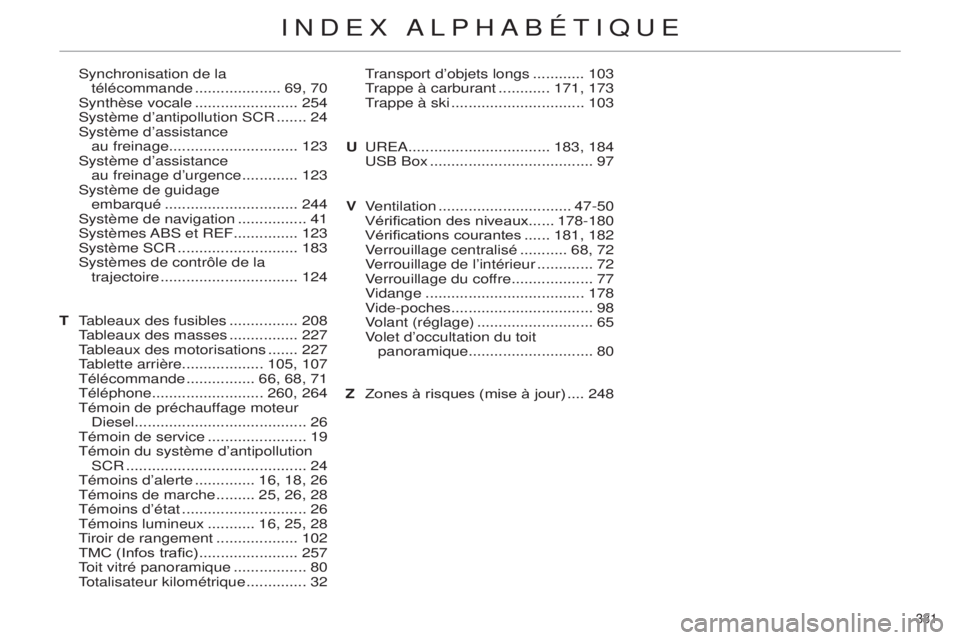 CITROEN C4 2014  Notices Demploi (in French) 331 
synchronisation de la télécommande   ....................69, 70
s

ynthèse vocale  
........................254s

ystème d’antipollution  s CR  
.......24s

ystème d’assistance  au frein