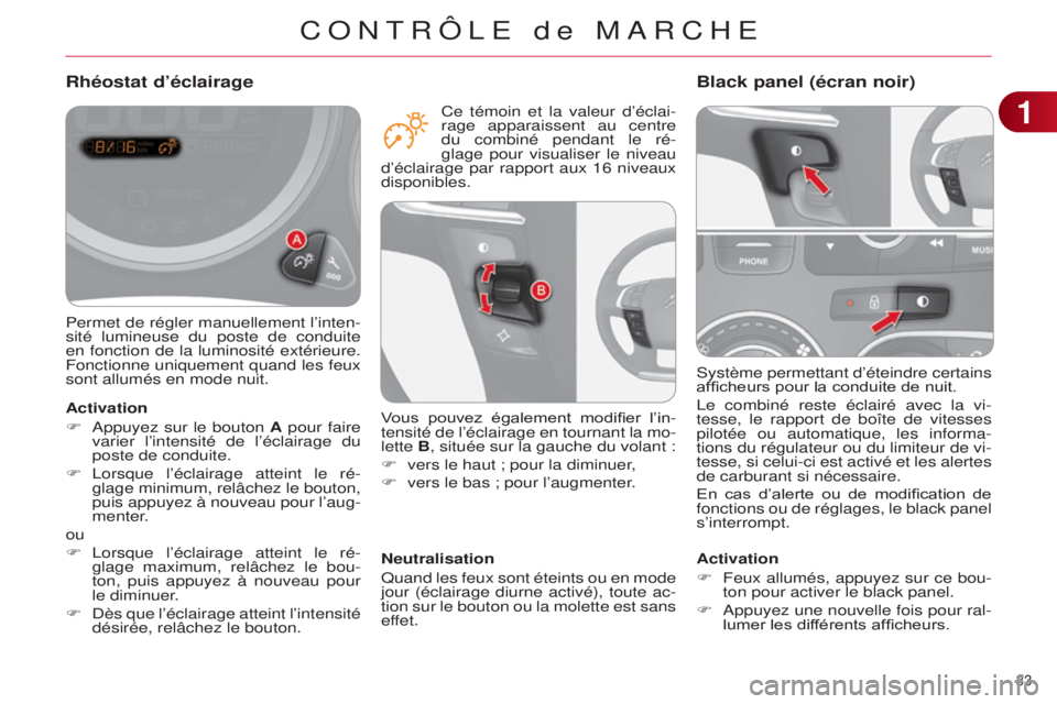 CITROEN C4 2014  Notices Demploi (in French) 33 
système permettant d’éteindre certains 
afficheurs pour la conduite de nuit.
l

e combiné reste éclairé avec la vi-
tesse, le rapport de boîte de vitesses 
pilotée ou automatique, les inf