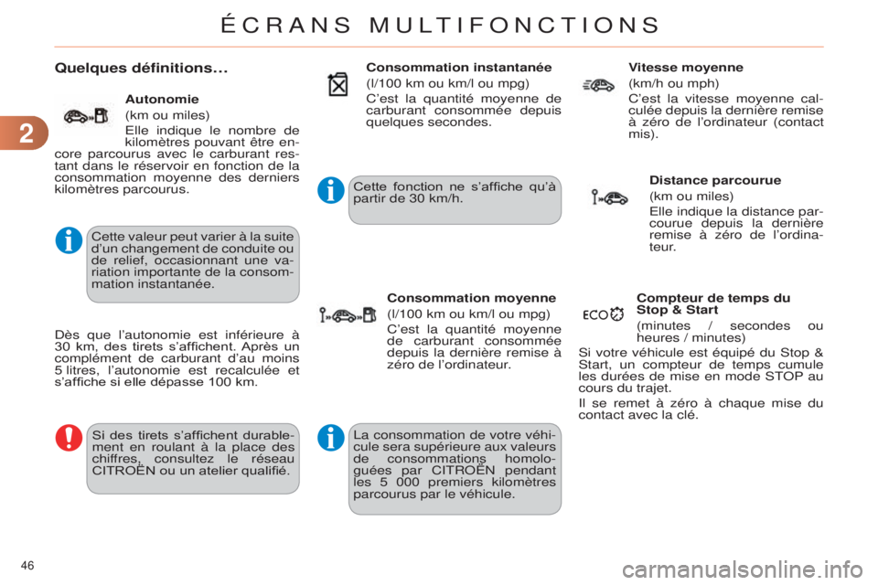 CITROEN C4 2014  Notices Demploi (in French) 22
46 
Quelques définitions…
Cette valeur peut varier à la suite 
d’un changement de conduite ou 
de relief, occasionnant une va-
riation importante de la consom-
mation instantanée.Si  des  ti