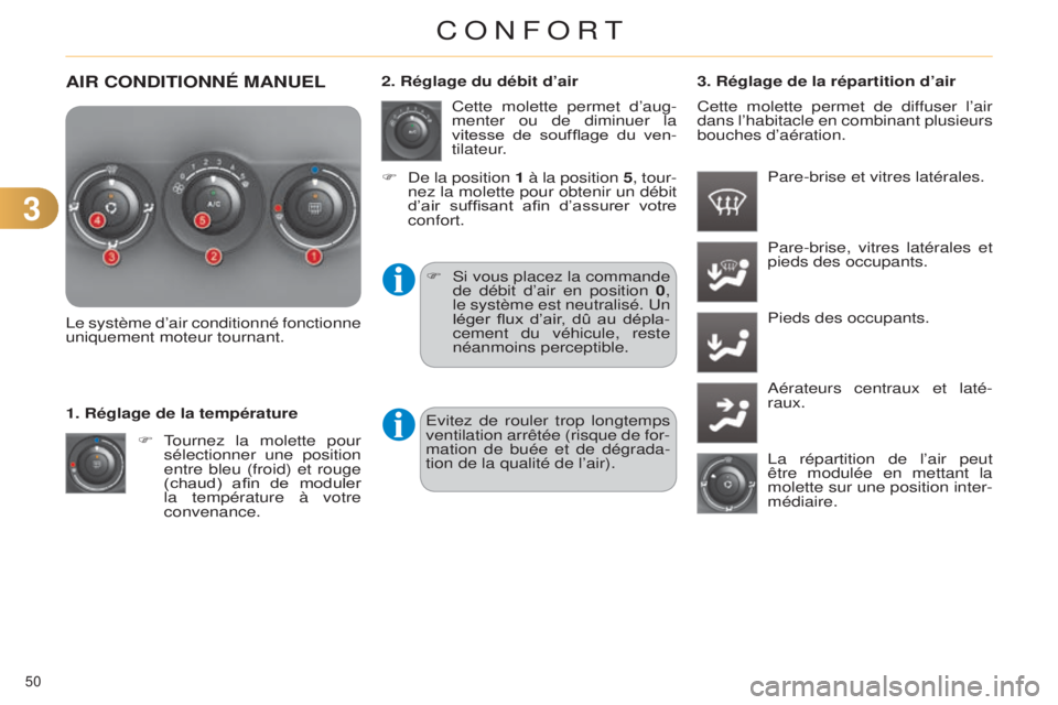 CITROEN C4 2014  Notices Demploi (in French) 33
50 
AIR CONDITIONNÉ MANUEL
le système d’air conditionné fonctionne 
uniquement moteur tournant.
F
 t
ournez 
 la molette pour 
sélectionner une position 
entre bleu (froid) et rouge 
(chaud) 