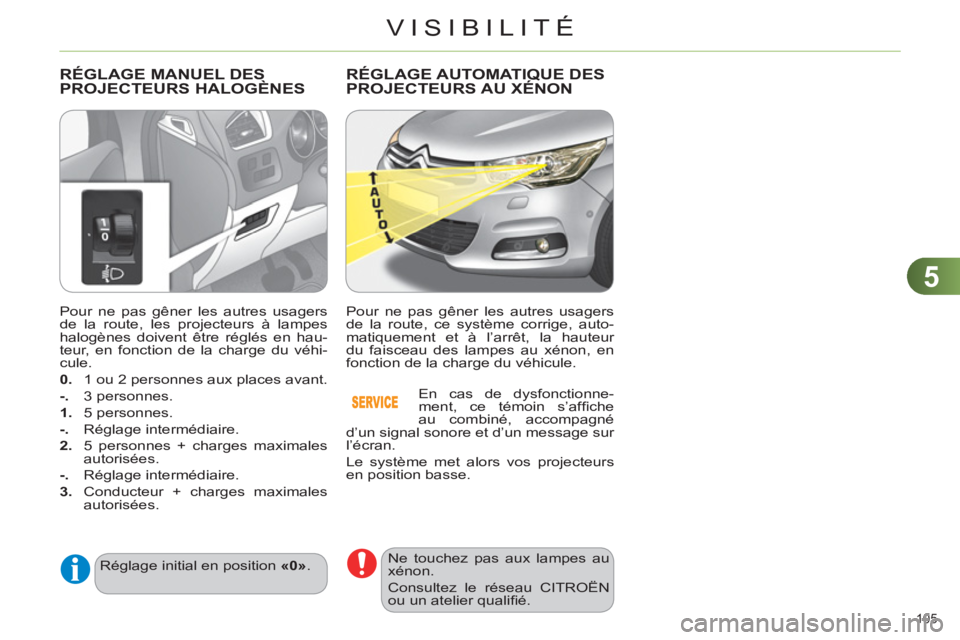 CITROEN C4 2013  Notices Demploi (in French) 5
VISIBILITÉ
105 
   
Pour ne pas gêner les autres usagers 
de la route, les projecteurs à lampes 
halogènes doivent être réglés en hau-
teur, en fonction de la charge du véhi-
cule. 
   
0. 
