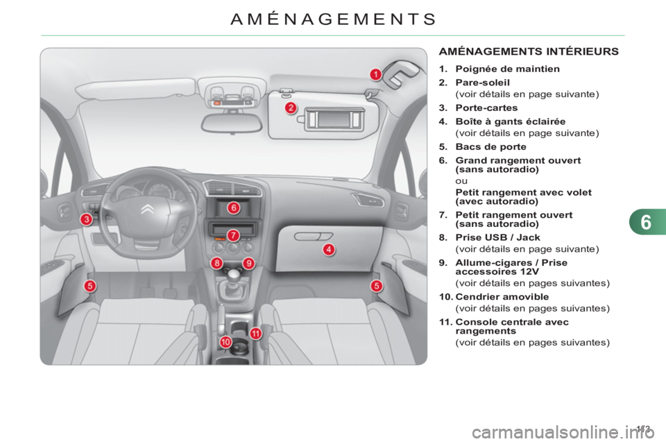 CITROEN C4 2013 Notices Demploi (in French) 6
AMÉNAGEMENTS
11 3
AMÉNAGEMENTS INTÉRIEURS
1.
Poignée de maintien
2.
Pare-soleil
(voir détails en page suivante)
3.
Porte-cartes
4.
Boîte à gants CITROEN C4 2013 Notices Demploi (in French) 6
AMÉNAGEMENTS
11 3
AMÉNAGEMENTS INTÉRIEURS
1.
Poignée de maintien
2.
Pare-soleil
(voir détails en page suivante)
3.
Porte-cartes
4.
Boîte à gants
