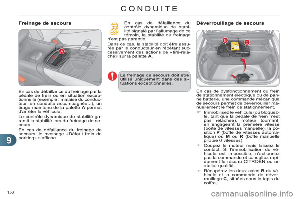 CITROEN C4 2013  Notices Demploi (in French) 9
CONDUITE
150 
   
Freinage de secours 
 
En cas de défaillance du 
contrôle dynamique de stabi-
lité signalé par l’allumage de ce 
témoin, la stabilité du freinage 
n’est pas garantie. 
  