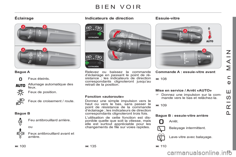 CITROEN C4 2013  Notices Demploi (in French) 15 
PRISE en MAIN
BIEN VOIR
   
Éclairage
 
 
Bague A 
   
Bague B 
 
 
Indicateurs de direction
 
 
Fonction «autoroute» 
  Donnez une simple impulsion vers le 
haut ou vers le bas, sans passer le