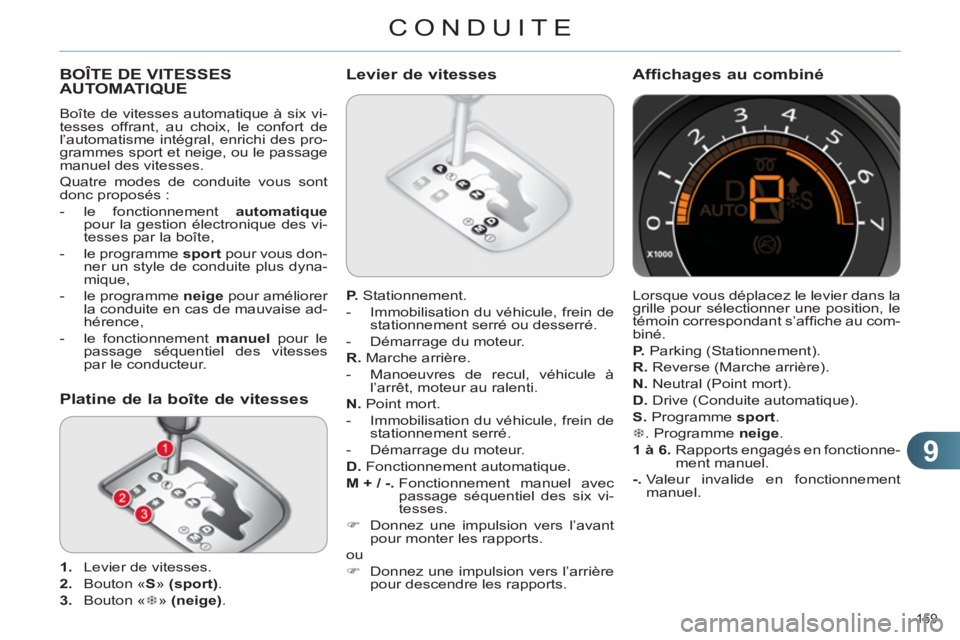 CITROEN C4 2013  Notices Demploi (in French) 9
CONDUITE
159 
BOÎTE DE VITESSES 
AUTOMATIQUE
  Boîte de vitesses automatique à six vi-
tesses offrant, au choix, le confort de 
l’automatisme intégral, enrichi des pro-
grammes sport et neige,