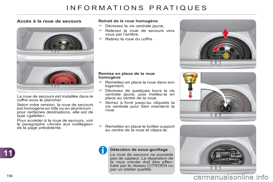 CITROEN C4 2013  Notices Demploi (in French) 11
INFORMATIONS PRATIQUES
194 
   
Accès à la roue de secours 
 
La roue de secours est installée dans le 
coffre sous le plancher. 
  Selon votre version, la roue de secours 
est homogène en tôl