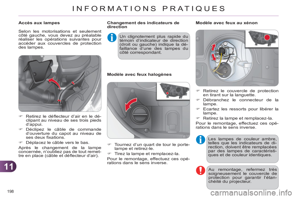 CITROEN C4 2013  Notices Demploi (in French) 11
INFORMATIONS PRATIQUES
198 
  Les lampes de couleur ambre, 
telles que les indicateurs de di-
rection, doivent être remplacées 
par des lampes de caractéristi-
ques et de couleur identiques. 
  