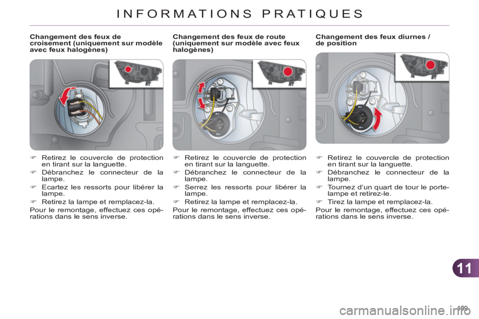 CITROEN C4 2013  Notices Demploi (in French) 11
INFORMATIONS PRATIQUES
199 
   
 
 
 
 
 
 
 
 
 
Changement des feux de 
croisement (uniquement sur modèle 
avec feux halogènes)    
 
 
 
 
 
 
 
 
 
Changement des feux diurnes / 
de position 