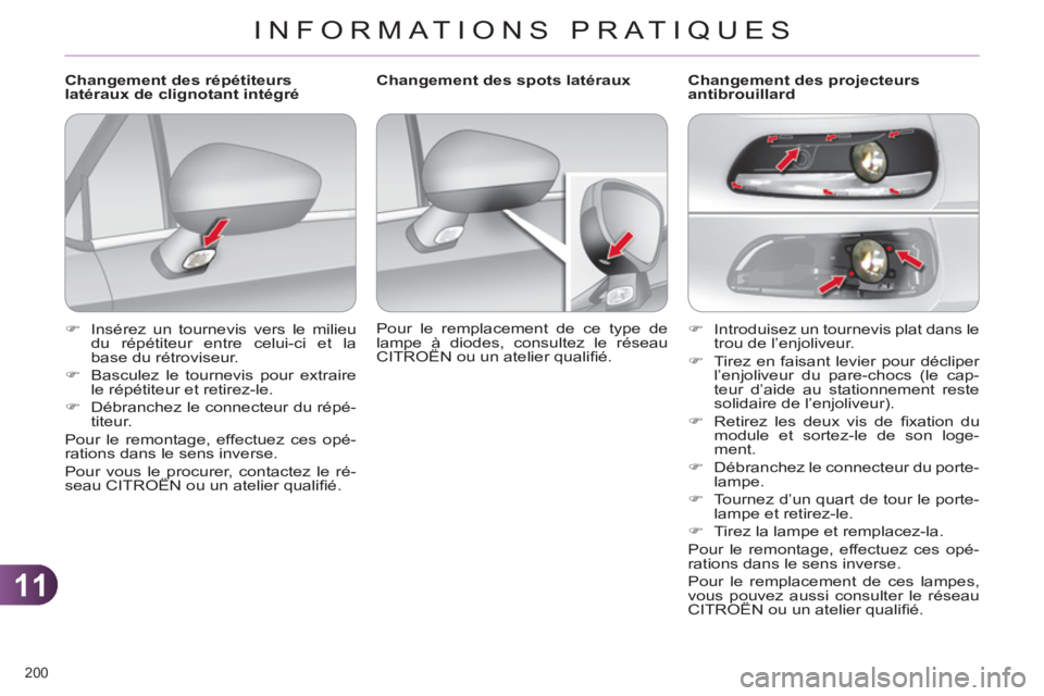 CITROEN C4 2013  Notices Demploi (in French) 11
INFORMATIONS PRATIQUES
200 
   
 
�) 
  Introduisez un tournevis plat dans le 
trou de l’enjoliveur. 
   
�) 
  Tirez en faisant levier pour décliper 
l’enjoliveur du pare-chocs (le cap-
teur 