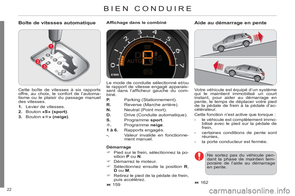 CITROEN C4 2013 Notices Demploi (in French) 22
BIEN CONDUIRE
Boîte de vitesses automatique
Cette boîte de vitesses à six rapports
offre, au choix, le confort de l’automa-
tisme ou le plaisir du passage manuel
des vitesses.
CITROEN C4 2013 Notices Demploi (in French) 22
BIEN CONDUIRE
Boîte de vitesses automatique
Cette boîte de vitesses à six rapports
offre, au choix, le confort de l’automa-
tisme ou le plaisir du passage manuel
des vitesses.
